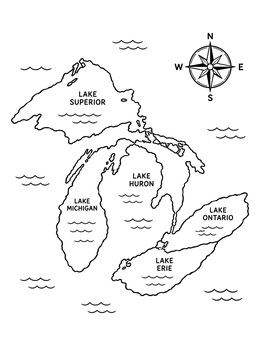 Free printable Great Lakes Map With Compass coloring page