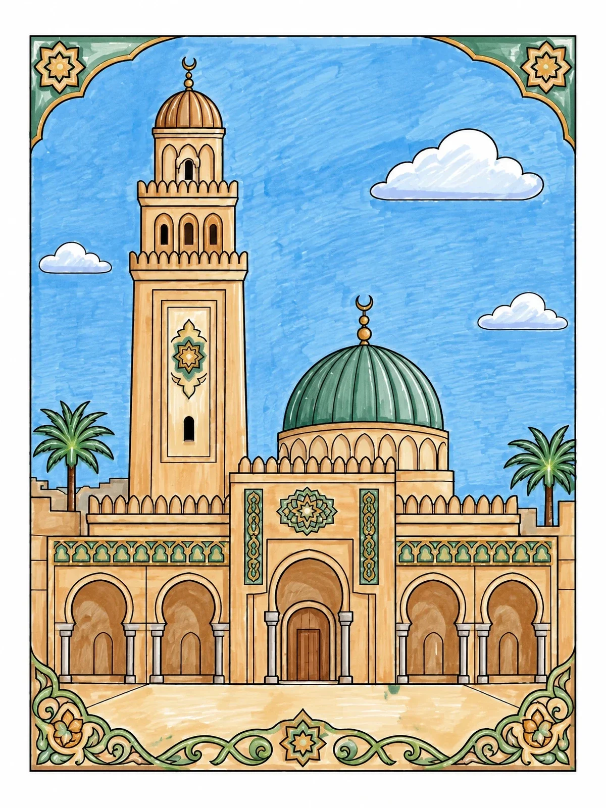 Colored example of the Great Mosque Of Kairouan coloring page