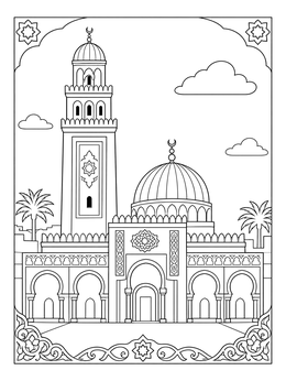 An architectural tunisia coloring page showing the majestic minaret and dome of the Great Mosque of Kairouan.
