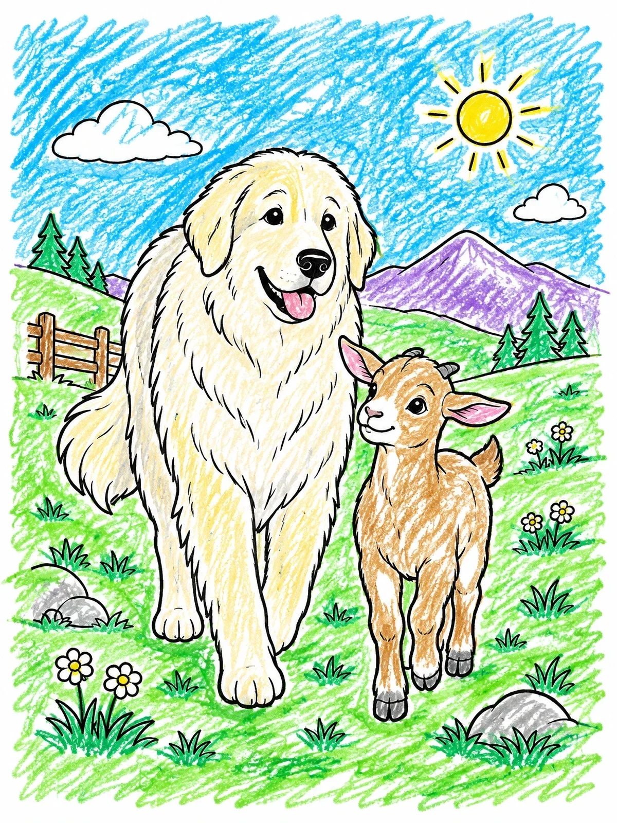 Colored example of the Great Pyrenees And Little Goat coloring page