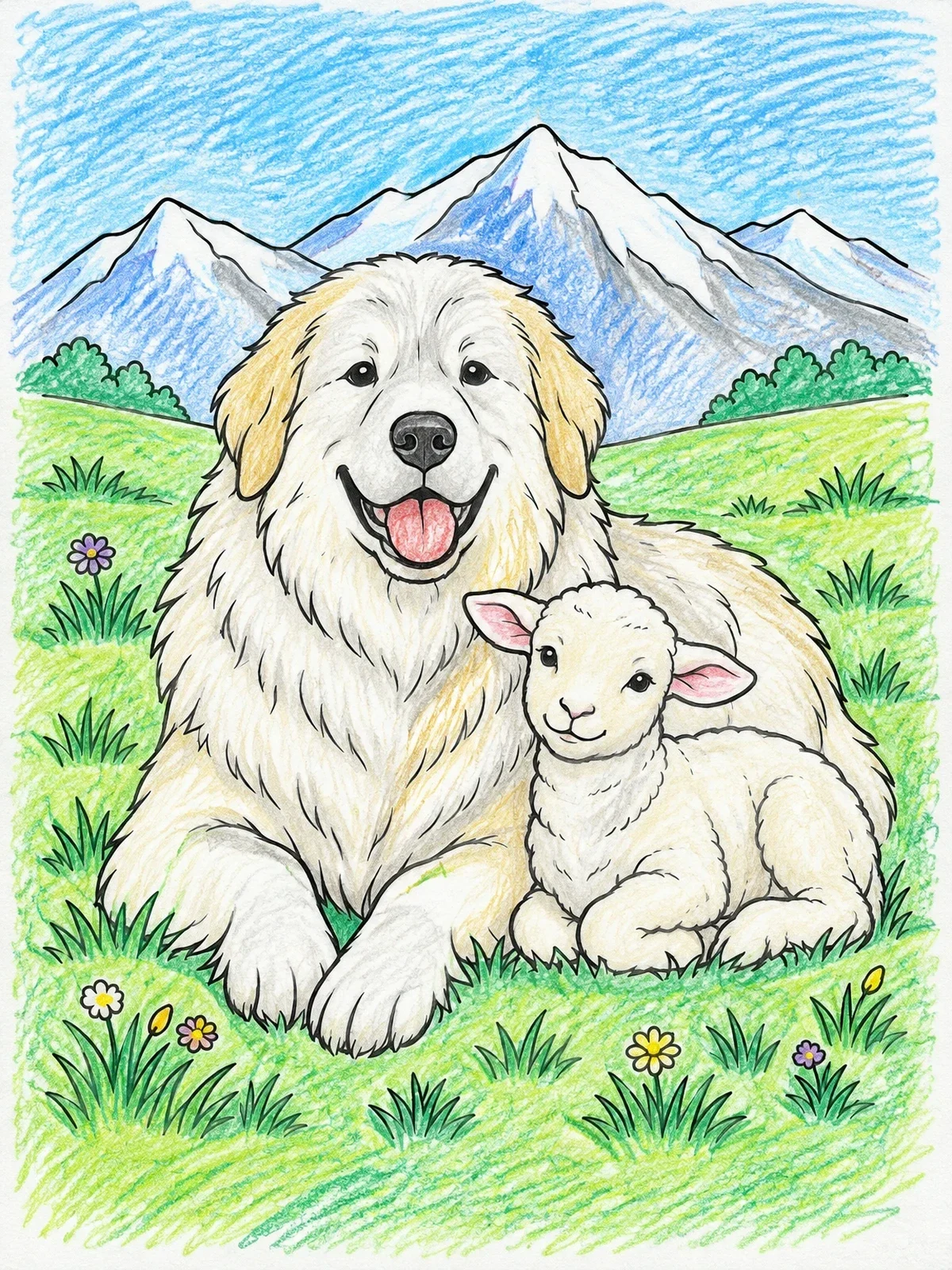Colored example of the Great Pyrenees And Little Lamb coloring page