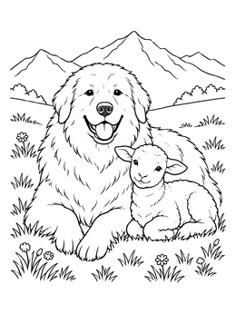 A fluffy great pyrenees coloring page showing the friendly dog resting with a cute lamb in a mountain pasture.