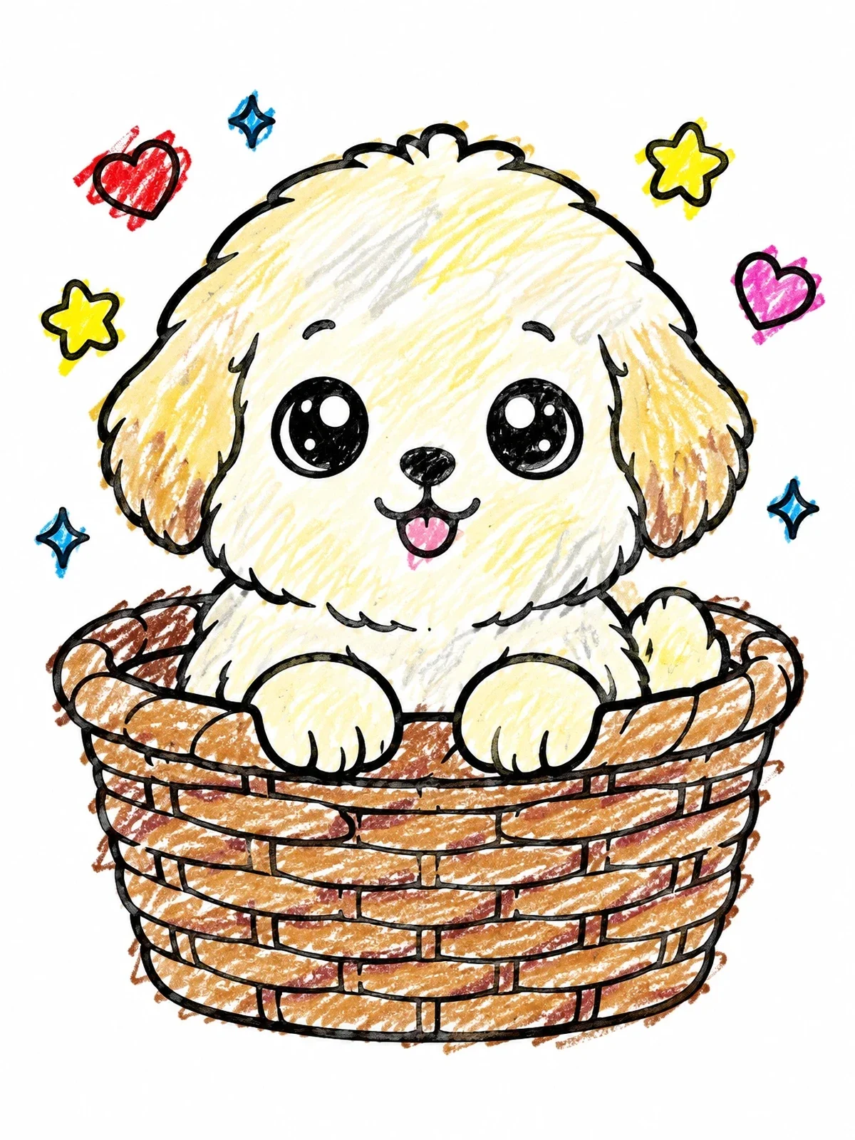 Colored example of the Cute Puppy In A Wicker Basket coloring page