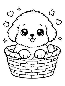 Free printable Cute Puppy In A Wicker Basket coloring page