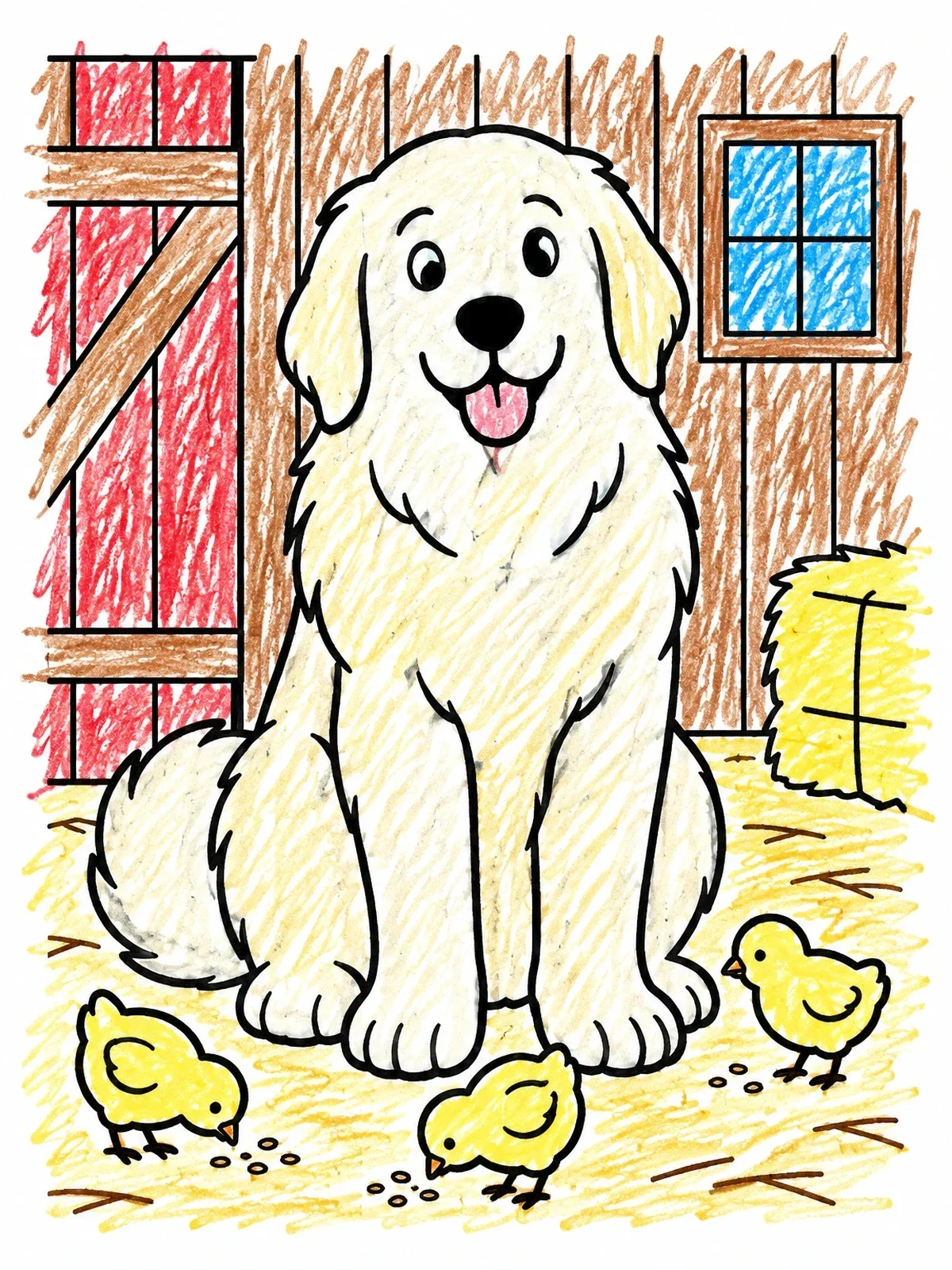 Colored example of the Friendly Great Pyrenees With Little Chicks coloring page