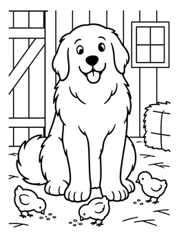 Free printable Friendly Great Pyrenees With Little Chicks coloring page