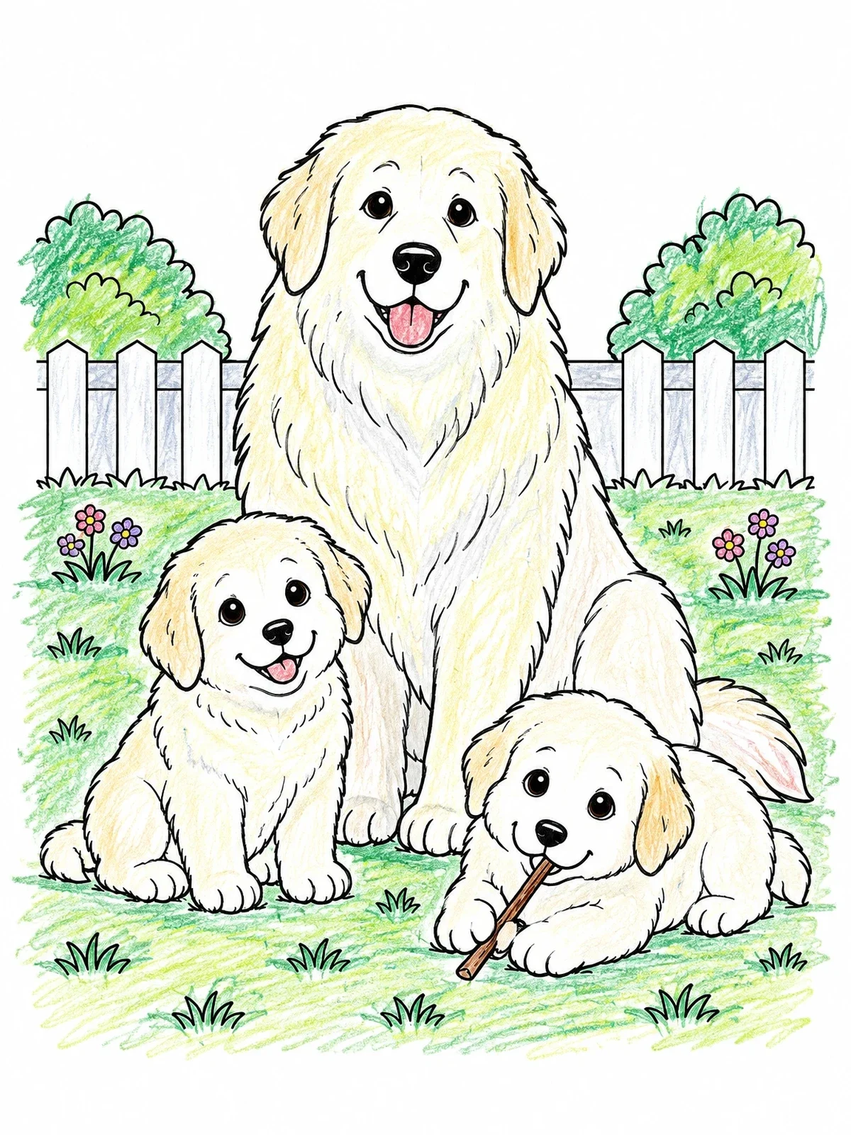 Colored example of the Great Pyrenees Family In The Yard coloring page