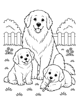 Free printable Great Pyrenees Family In The Yard coloring page