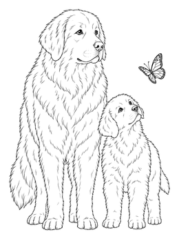 An adult dog and puppy watch an insect in this great pyrenees coloring page.
