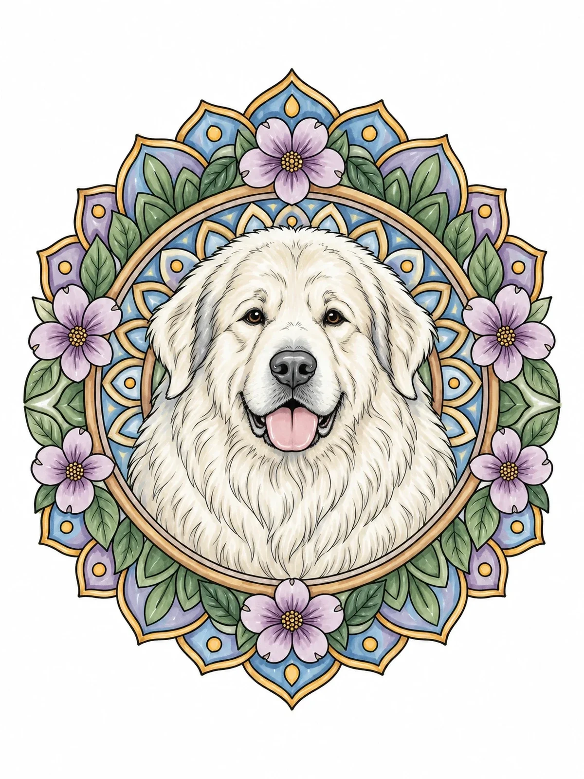 Colored example of the Great Pyrenees Floral Mandala Portrait coloring page