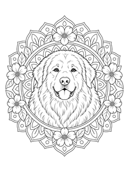An intricate great pyrenees coloring page framed by a floral mandala.