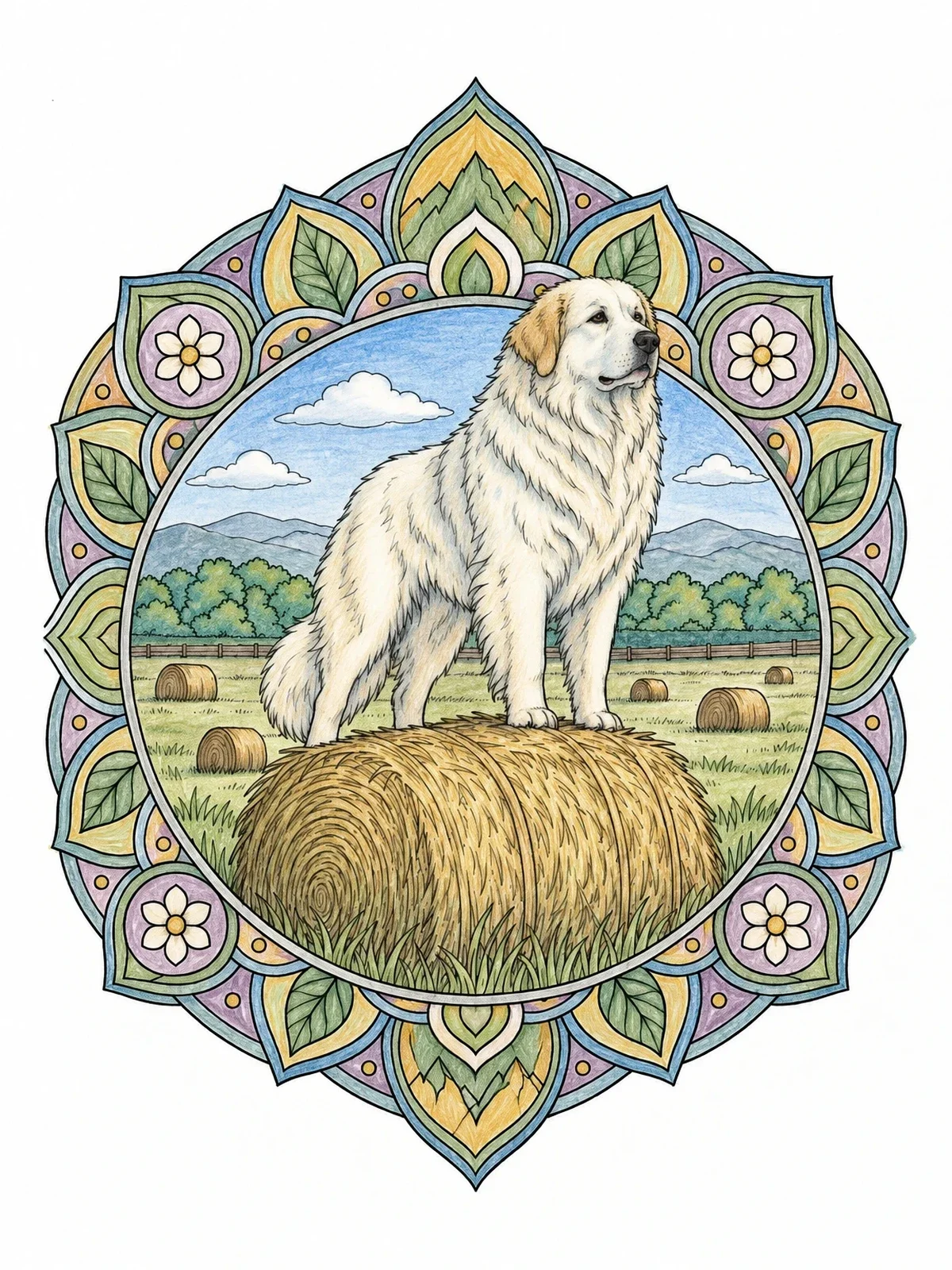 Colored example of the Great Pyrenees On Hay Bale coloring page