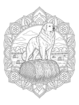 Detailed great pyrenees coloring page showing a dog standing atop a hay bale framed by a mandala.