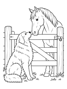 A friendly great pyrenees coloring page showing a dog greeting a gentle horse across a wooden farm gate.
