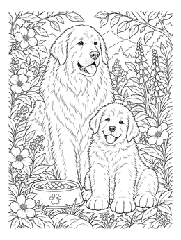 An adult and puppy rest in nature on this detailed great pyrenees coloring page.