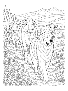 A fluffy great pyrenees coloring page showing the dog leading cows through a meadow.