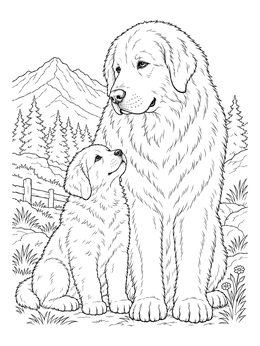 A fluffy great pyrenees coloring page showing an adult dog sitting with its puppy in the mountains.