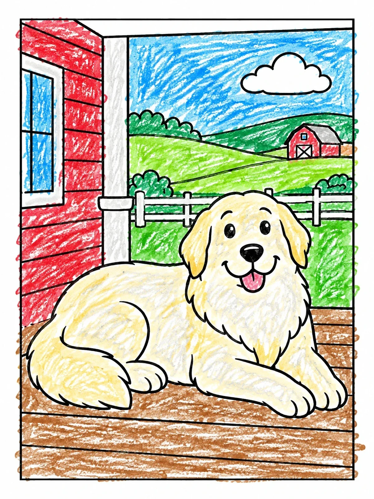 Colored example of the Great Pyrenees On Farm Porch coloring page