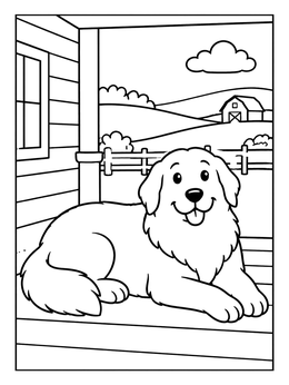A friendly Great Pyrenees coloring page resting on a cozy farmhouse porch overlooking rolling fields.