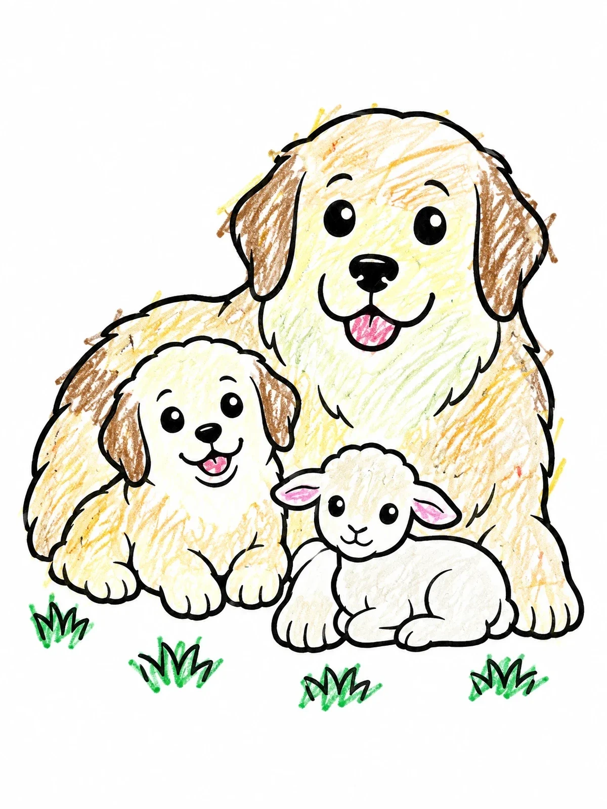 Colored example of the Great Pyrenees With Puppy And Lamb coloring page