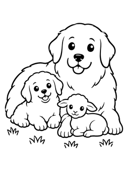 Free printable Great Pyrenees With Puppy And Lamb coloring page