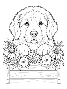A fluffy puppy in this great pyrenees coloring page rests in a wooden flower box.
