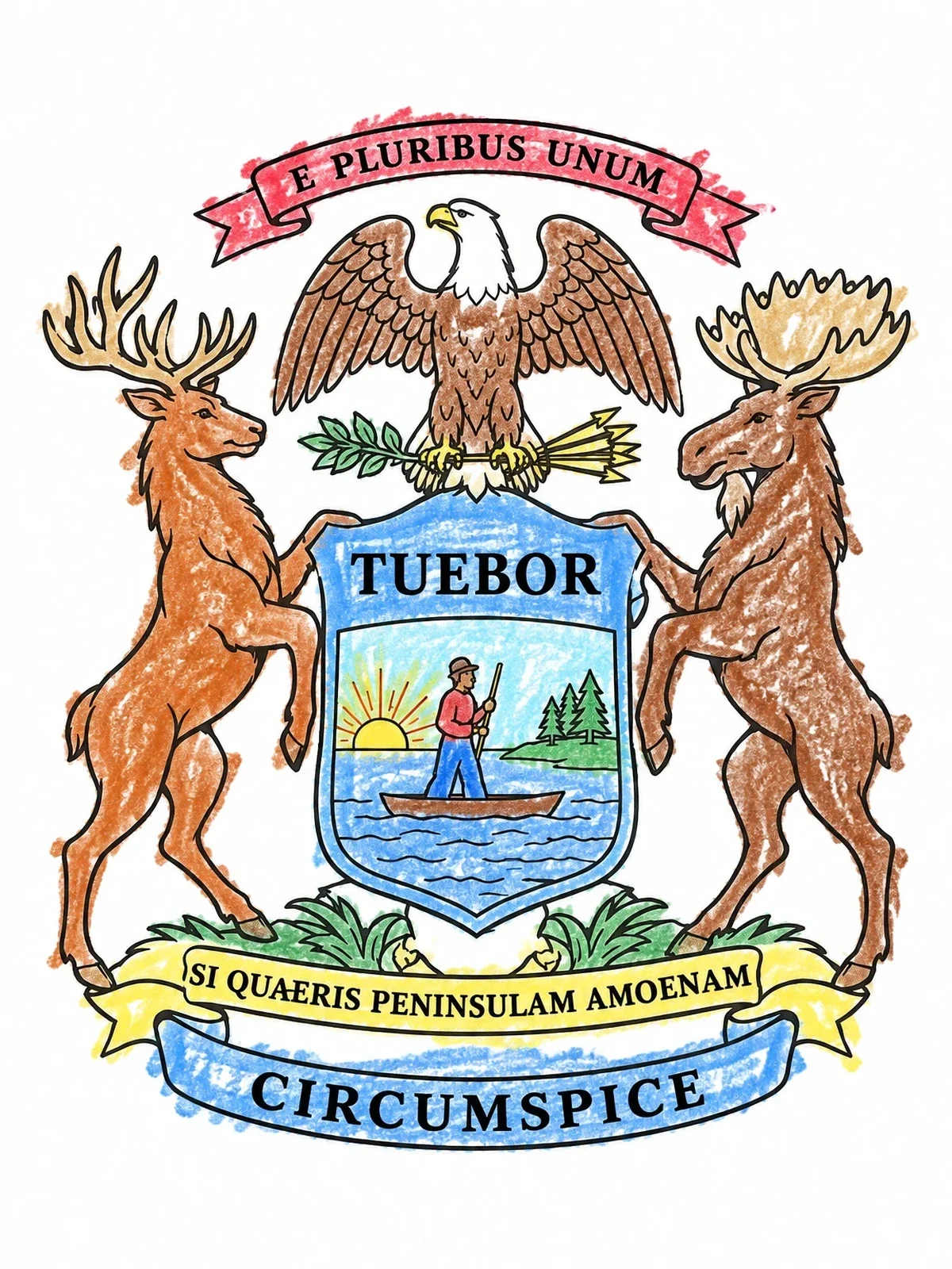 Colored example of the Great Seal Of Michigan Coat Of Arms coloring page