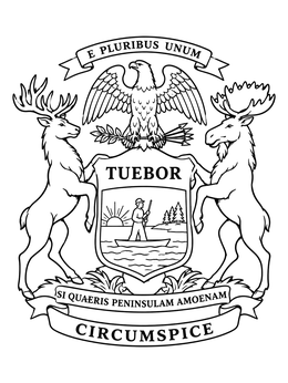 A detailed Michigan coloring page showing the state coat of arms with an elk, moose, and eagle.
