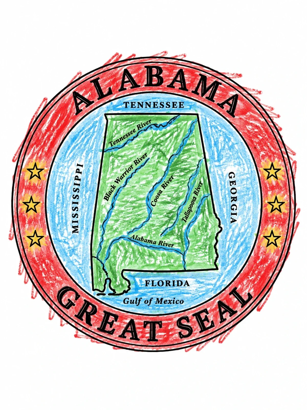 Colored example of the Great Seal Of Alabama Map coloring page