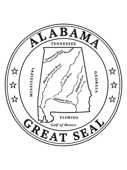 An intricate Alabama coloring page featuring the state map, rivers, and the official Great Seal design.