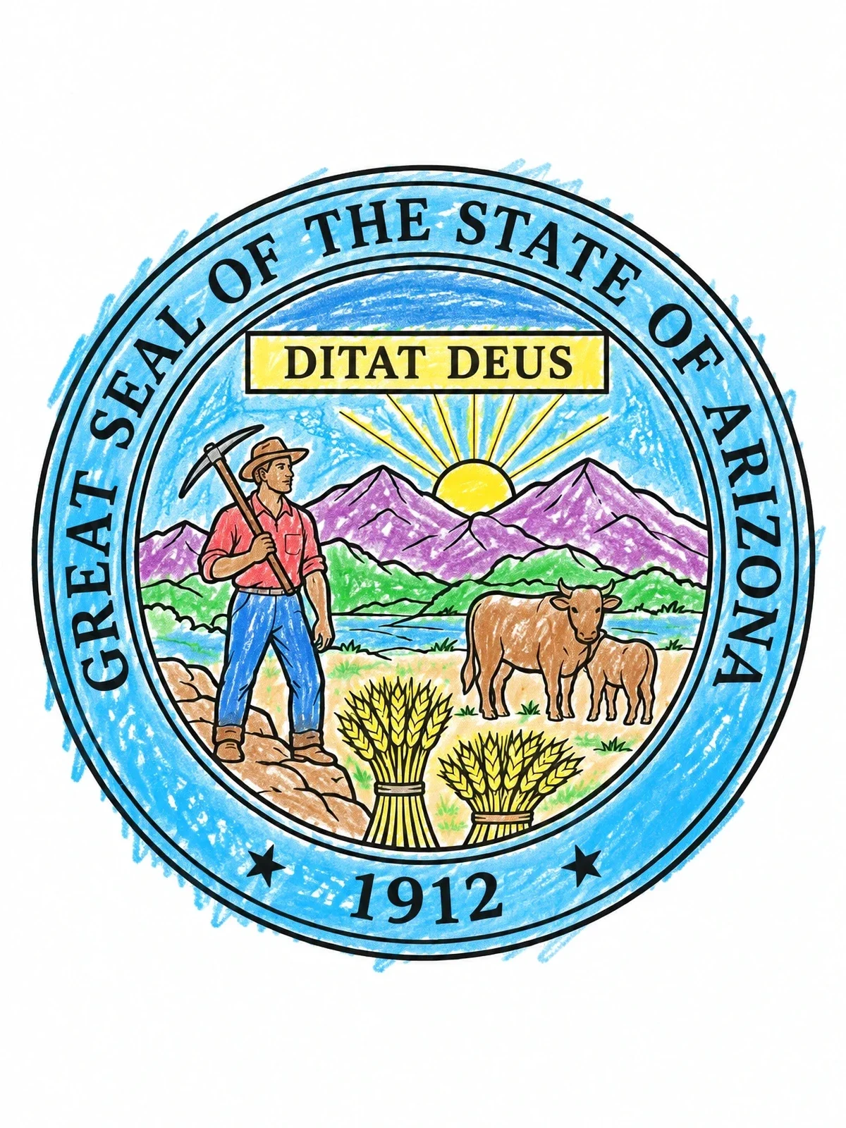 Colored example of the Great Seal Of Arizona Emblem coloring page