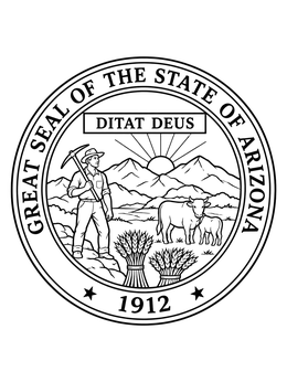 Detailed Great Seal of Arizona coloring page showing a miner, cattle, wheat, and mountain sunrise.