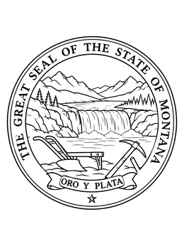Detailed Montana coloring page featuring the Great Seal of the State of Montana with mountains and waterfall.