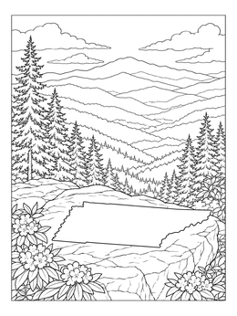 Scenic mountain ridges feature in this detailed tennessee coloring page with state outline.