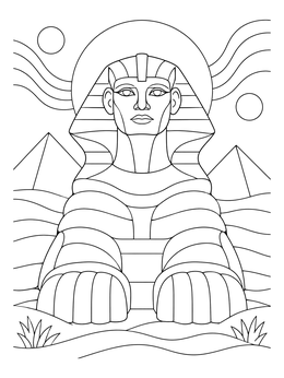 A symmetrical sphinx coloring page with pyramids and desert landscape.