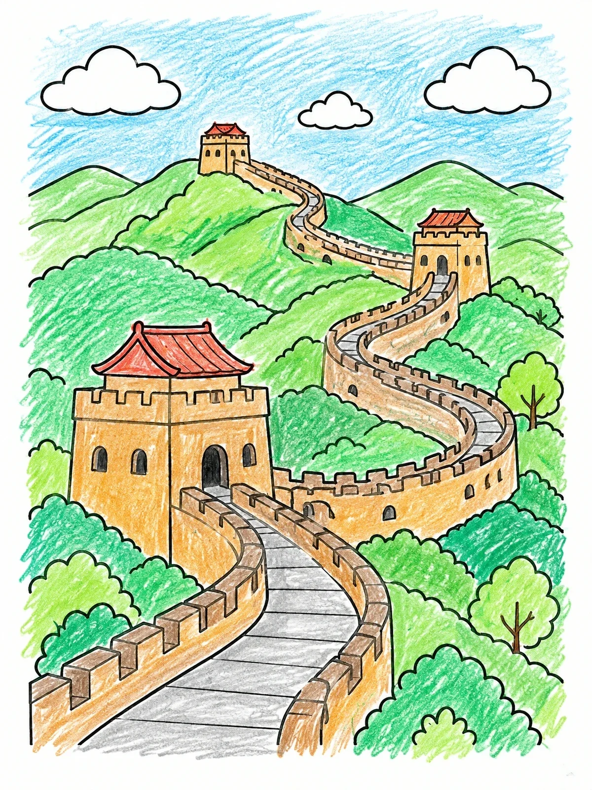Colored example of the Great Wall Of China Across Hills coloring page