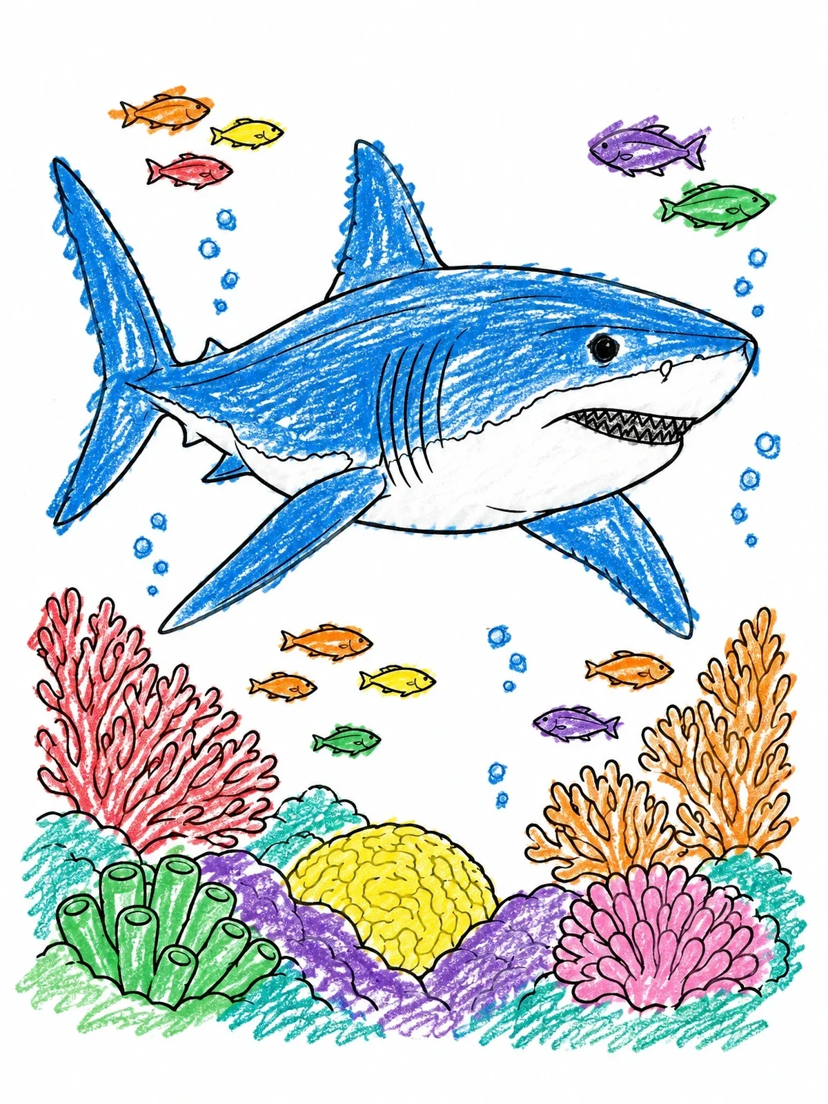 Colored example of the Great White Shark Over Coral Reef coloring page