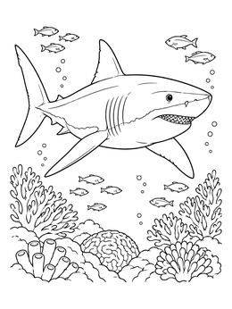 A detailed shark coloring page showing a great white shark swimming above a coral reef with small fish.
