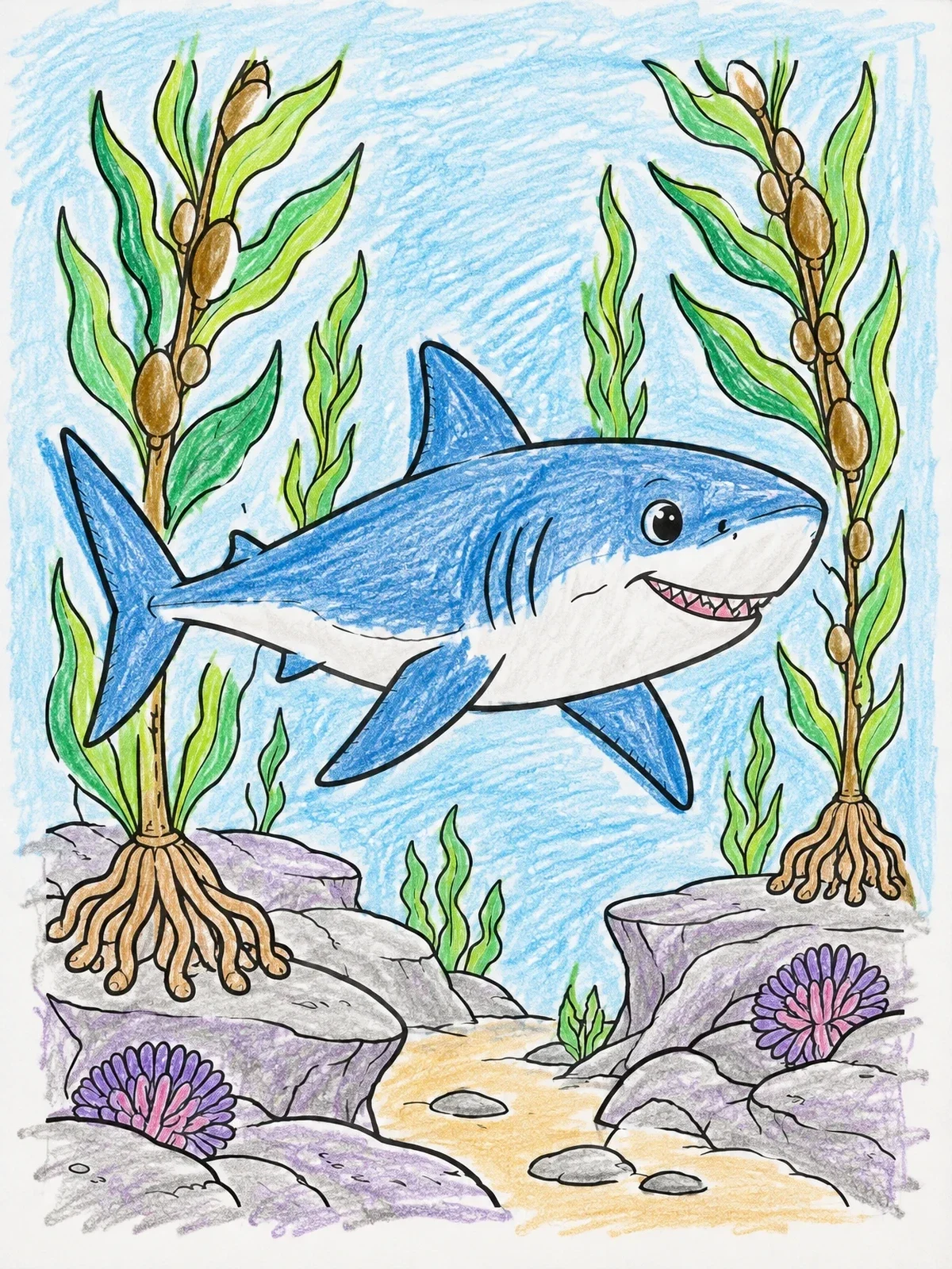 Colored example of the Great White Shark In Kelp Forest coloring page