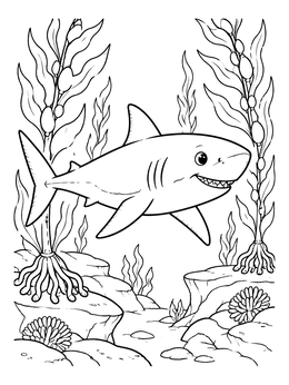 A friendly shark coloring page featuring a great white swimming among tall kelp fronds.