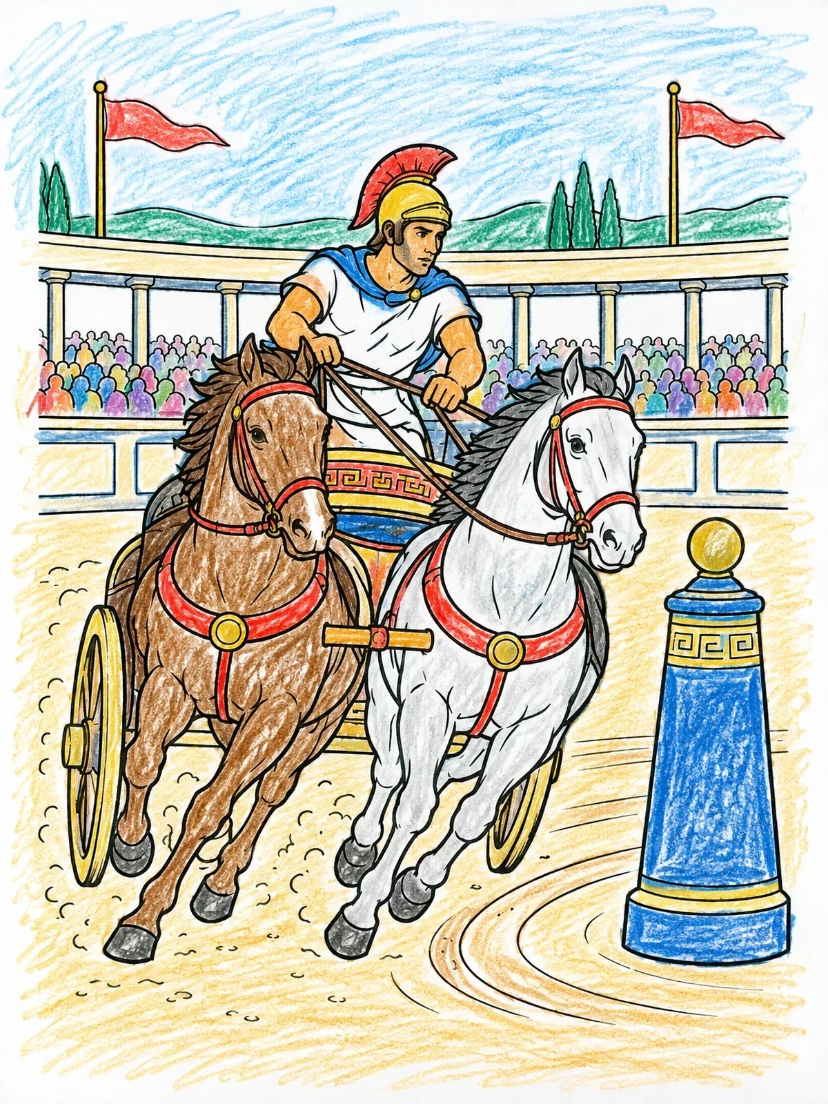 Colored example of the Ancient Greek Chariot Race coloring page