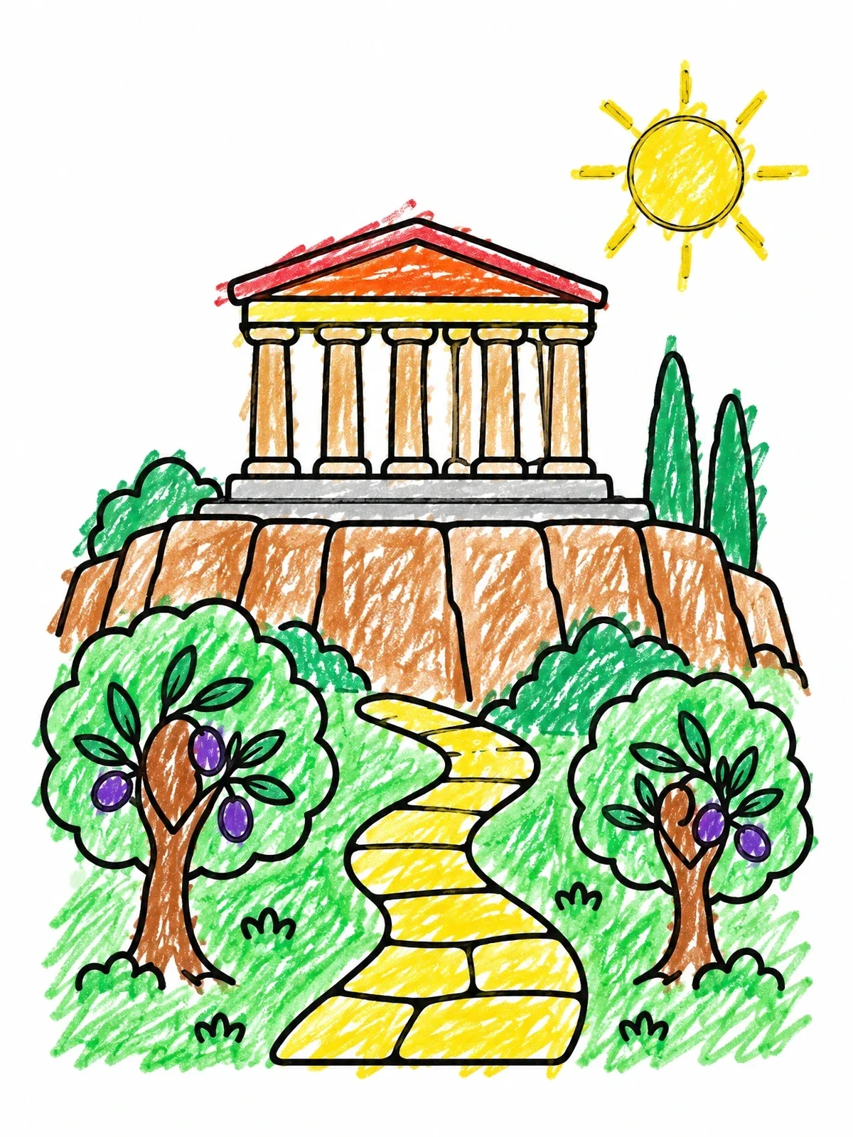 Colored example of the Ancient Greek Temple On Acropolis Hill coloring page