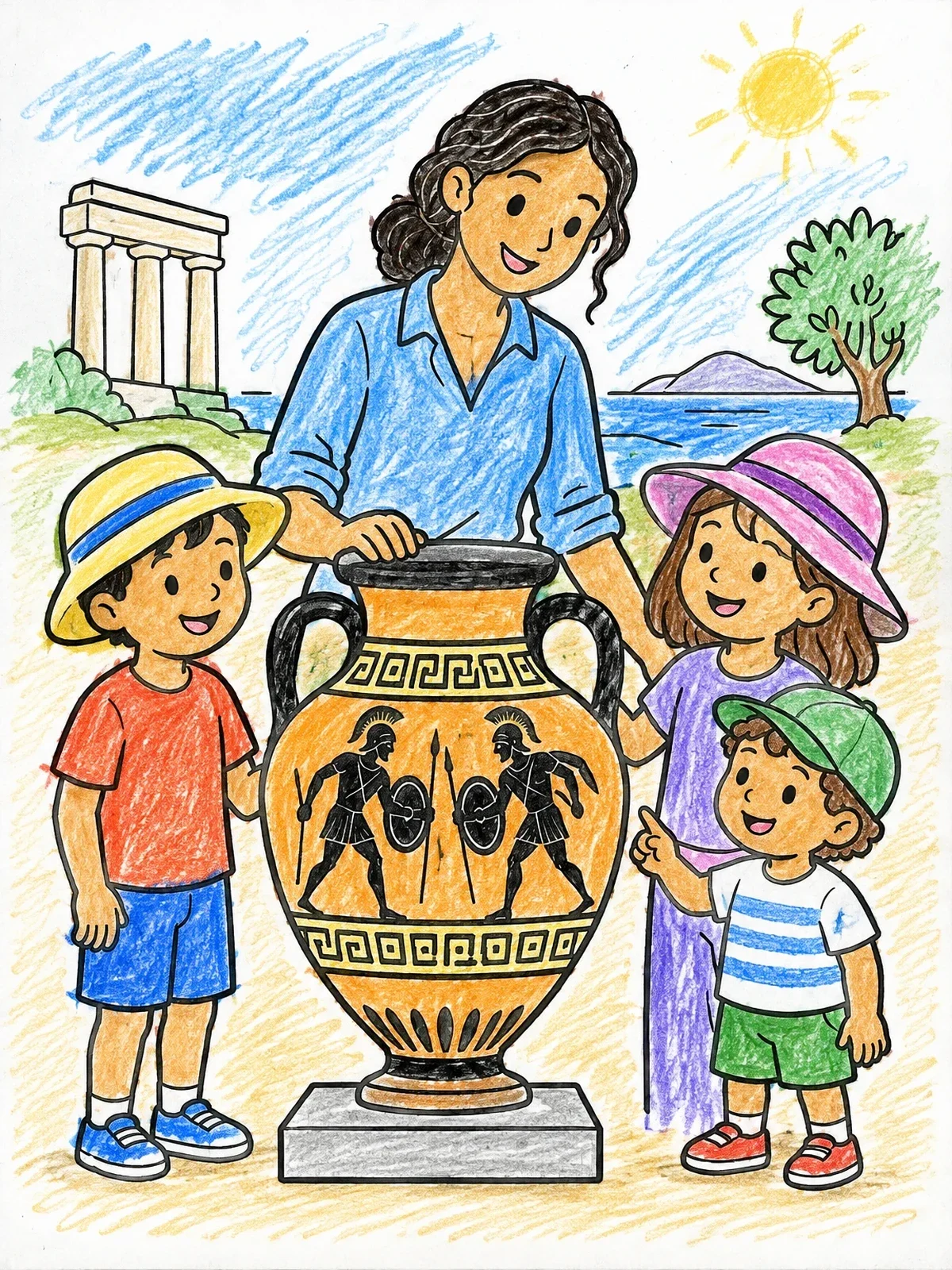 Colored example of the Children Examining An Ancient Greek Vase coloring page