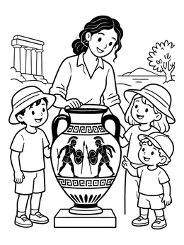 Free printable Children Examining An Ancient Greek Vase coloring page