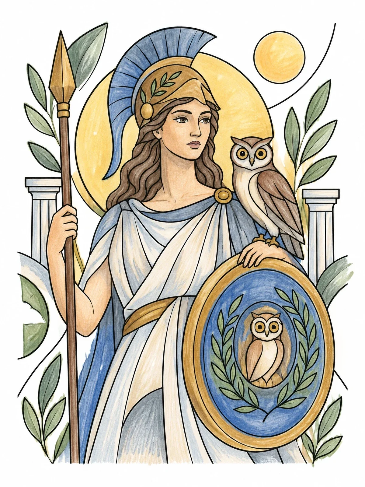 Colored example of the Goddess Athena With Shield And Owl coloring page