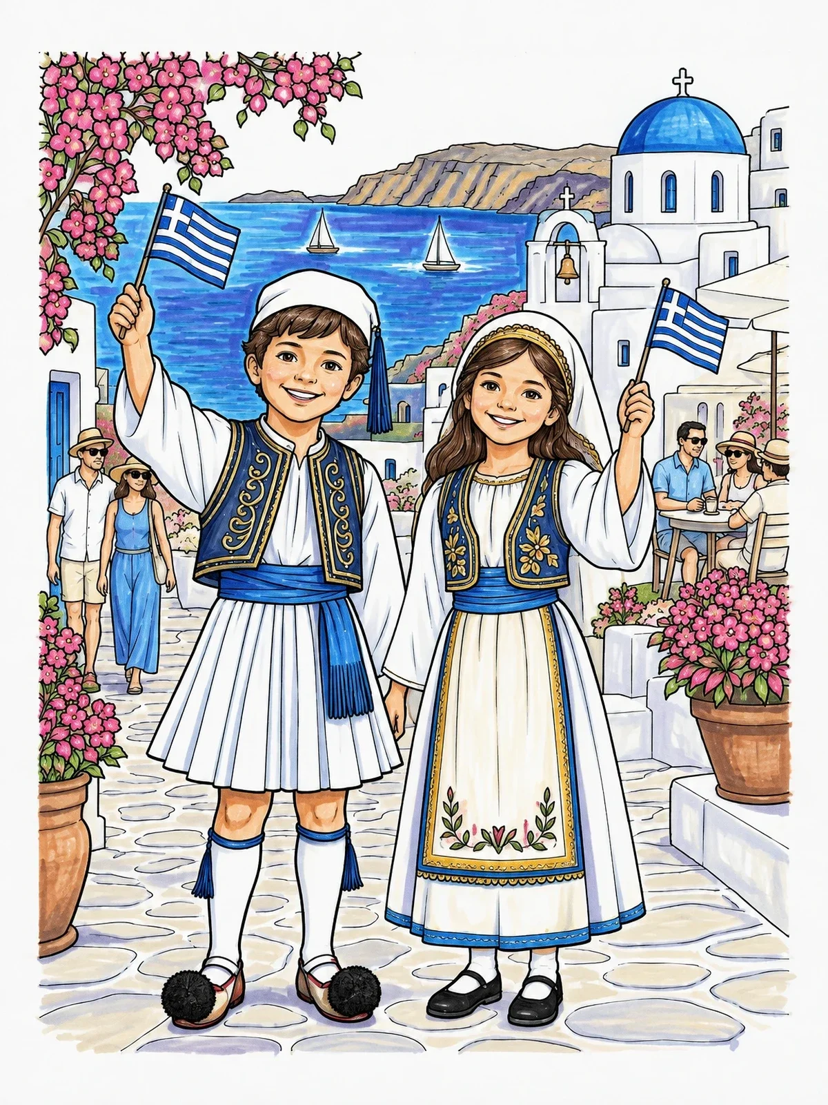 Colored example of the Greek Children In Traditional Costumes coloring page