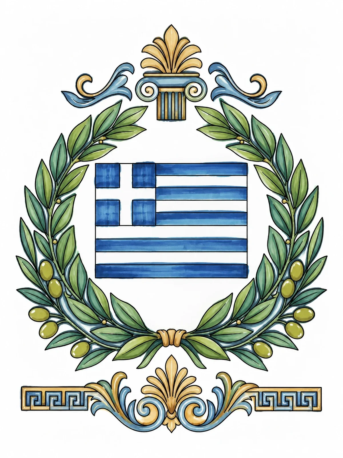 Colored example of the Greek Flag With Olive Wreath coloring page