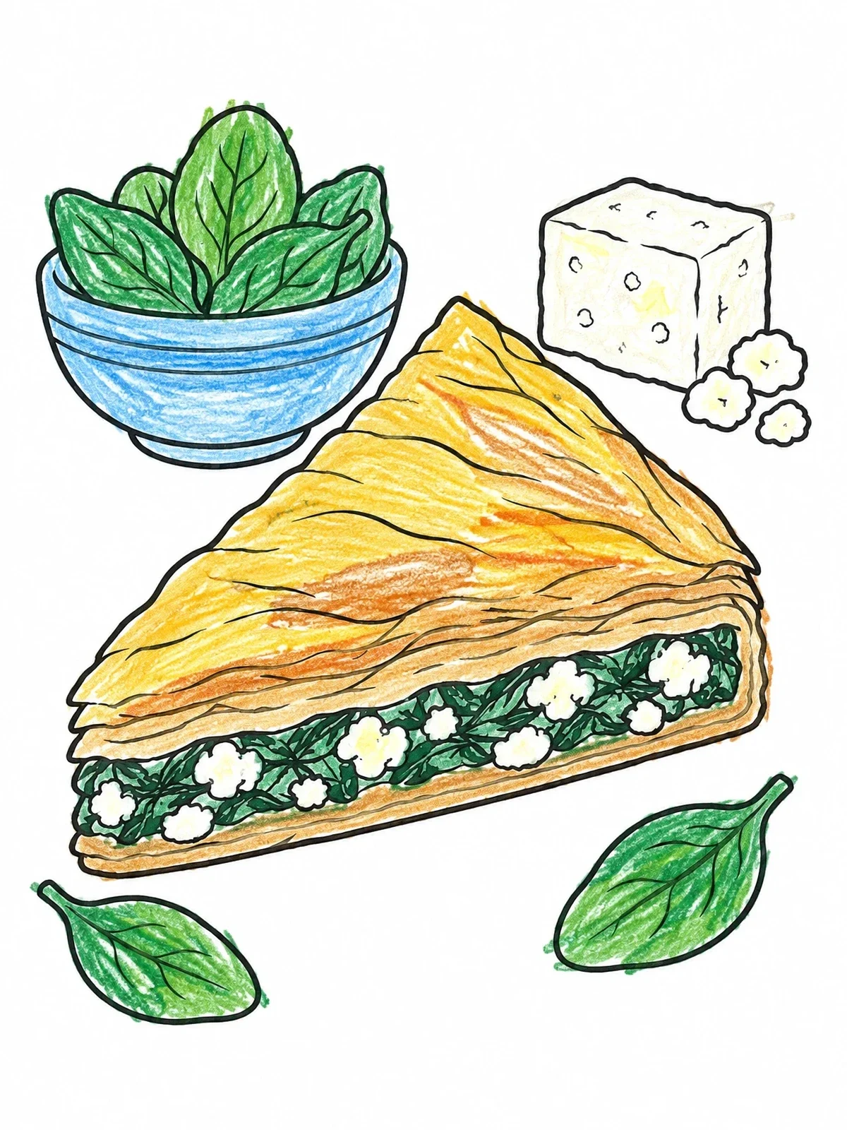 Colored example of the Greek Spanakopita Slice With Ingredients coloring page
