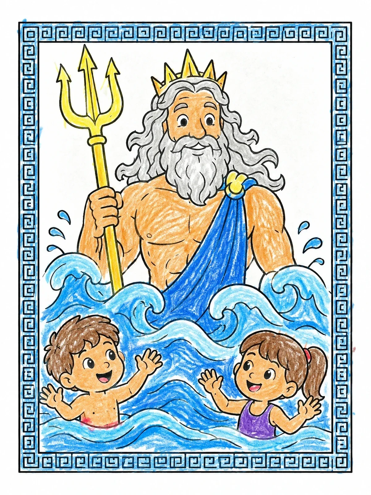 Colored example of the Poseidon And Swimming Children coloring page
