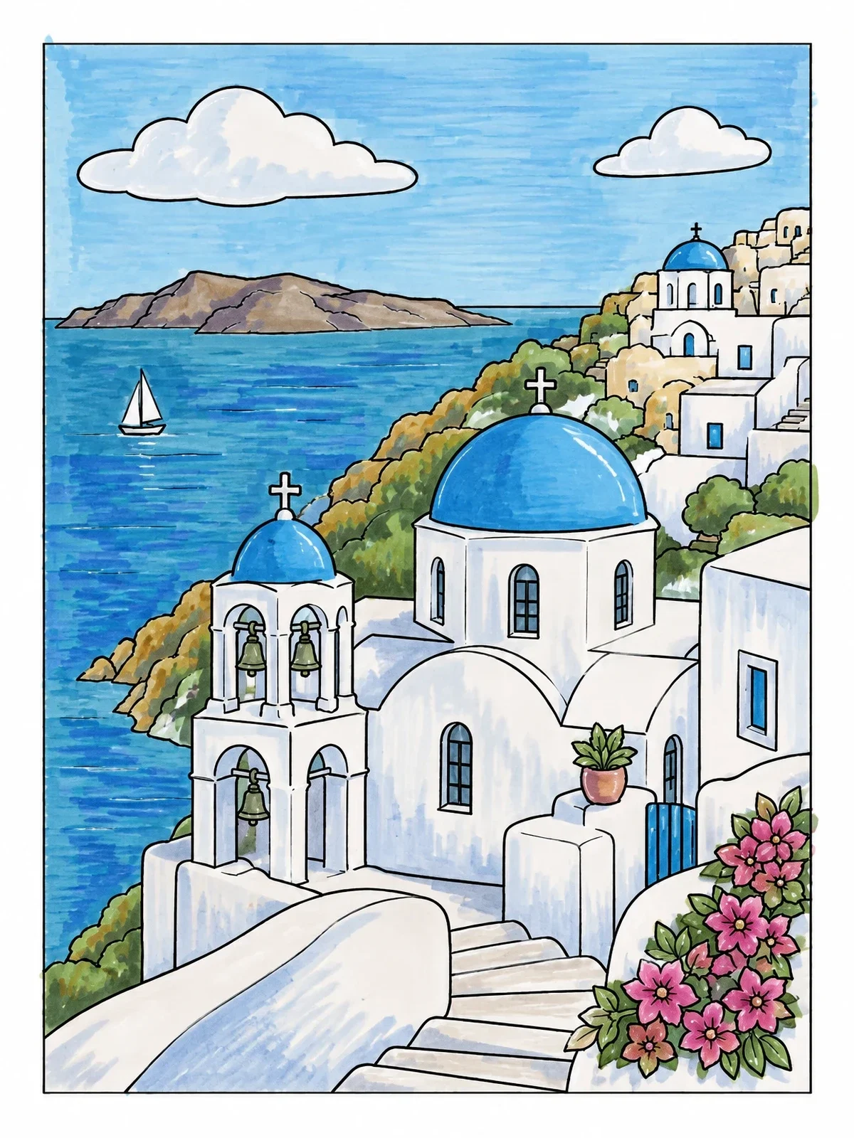 Colored example of the Santorini Coastal Church And Sea coloring page